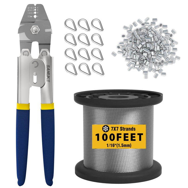 Sanuke Wire Rope Crimping Swaging Tool Cable Crimps up to 2.2mm(2/32inch) with 160pcs 4sizes Aluminum Double Barrel Ferrule Loop Sleeve and 10pcs Stainless Steel Thimble Assortment Kit - Image 1